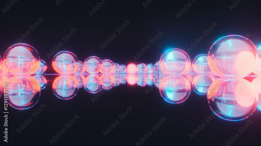 Poster vibrant neon bubbles reflecting on a mirror surface for futuristic design concepts
