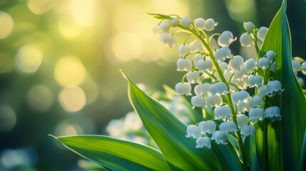 Lily of the valley flowers blooming in spring garden at sunset