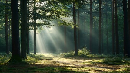 Fototapeta premium Sunlight illuminates the forest floor with beams of light wonderfully