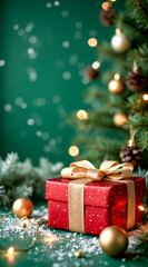 red gift box with gold ribbon and white polka dots on a green background