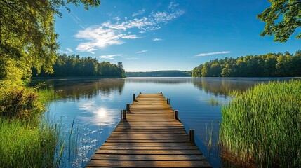 Wooden dock extending into calm lake surrounded by lush green forest under clear blue sky
