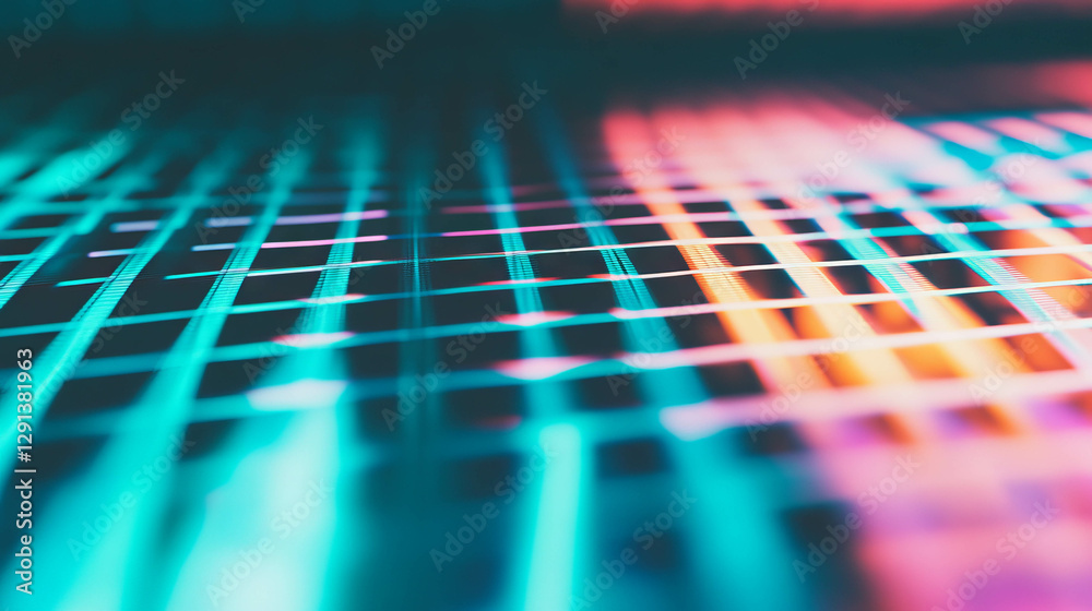 Poster neon light reflection on metallic grid - futuristic abstract background for design