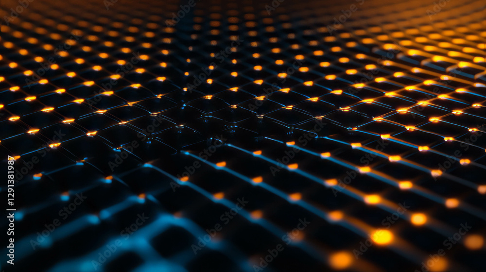 Poster Neon light reflection on metallic surface with luminous grid pattern
