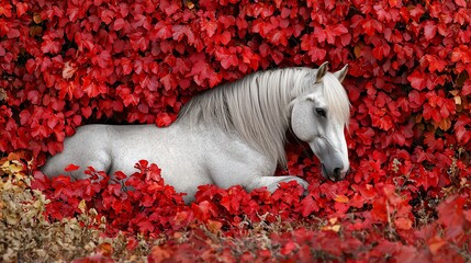 White horse rests on red leaf carpet in woodland. Dreamlike nature scene for backgrounds