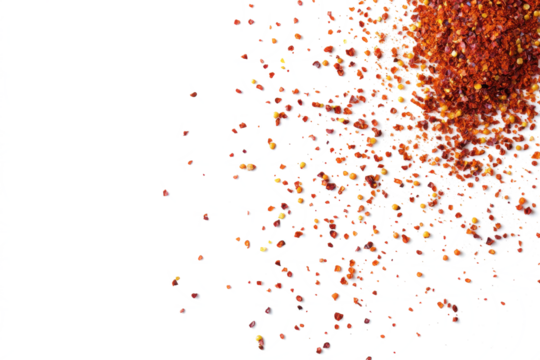 Top view of spicy red chili pepper flakes scattered on transparent or white background