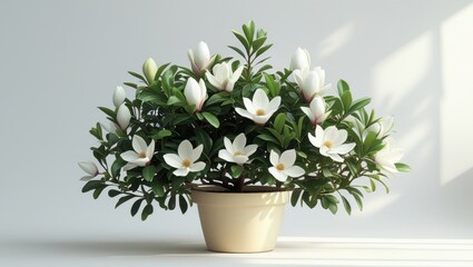 Delicate Magnolia Bush with Lush Green Leaves and White Blossoms in Beige Pot on White Background with Natural Lighting Style