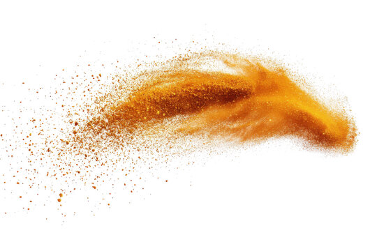 Burst of turmeric powder isolated on transparent or white background, golden yellow spice explosion