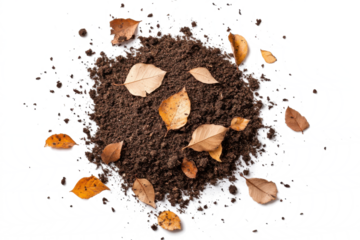 Pile of rich dark soil with scattered dry autumn leaves isolated on a white background, PNG