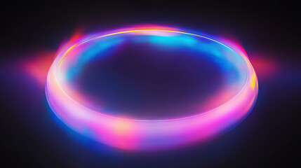 Iridescent neon light ring on dark background for futuristic design