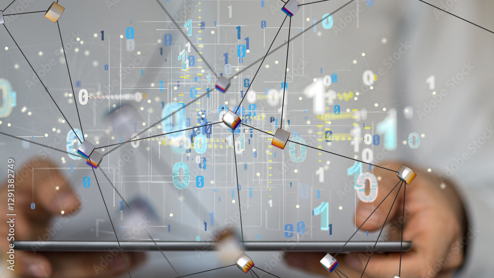 Poster Neural network 3D illustration. Big data and cybersecurity