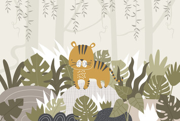 Vector illustration cute tiger, tropical leaves, jungle. Tropical wallpaper for children's room. Kids room design, wall decor. Mural. Wall art. African. Safari.