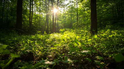 Obraz premium Filtered sunlight patterns on forest floor vegetation