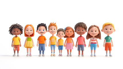 3D render, a group of cartoon children, varying in age (toddlers to teens), standing in a straight line facing the viewer, against a stark white backdrop, detailed features, colorful attire, 