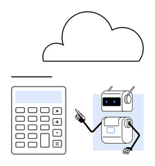 Cloud calculator, and robot. Ideal for technology, cloud computing, AI, robotics, digital tools, education, data analysis. Line metaphor