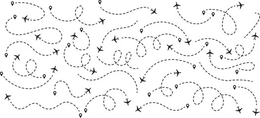 Airplane line path icon of air plane flight route dash line trace with start point. Simple airplane travel line path with map pins. Airplane dashed route path.