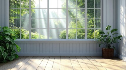 Fototapeta premium Sunlight Streams Through Window, Illuminating Room's Wooden Floor and Plants