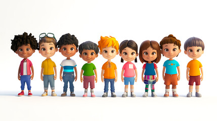 3D rendering of a diverse group of cartoon children, different ages (toddlers to late teens), standing in a line, looking at the camera, spotless white background, sharp focus, rich details, 
