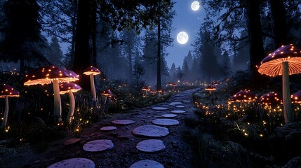 Enchanted Moonlit Forest Path: A 3D Render of Glowing Mushrooms AI Generated