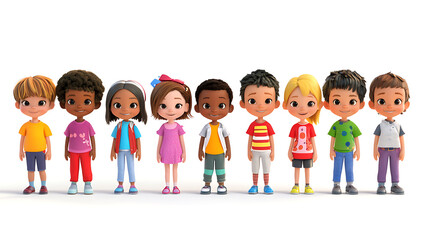 A diverse group of cartoon children, ages 2-18, standing in a perfect row, facing forward, on a plain white background, 3D render, charming smiles, expressive eyes, detailed clothing, bright 