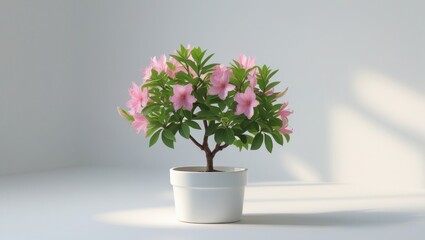 Fototapeta premium Isolated Azalea Shrub with Delicate Pink Blossoms in White Pot Against a Clean Background with Soft Lighting and Minimalist Composition