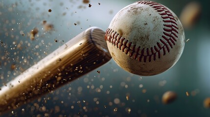 A baseball bat making contact with a ball, sending it flying towards the outfield.