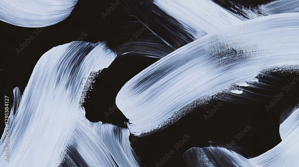 Poster abstract expression with overlapping white brushstrokes on black background for contemporary design