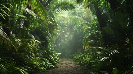Lush Green Jungle Path with Sunlight Streaming Through Dense Foliage