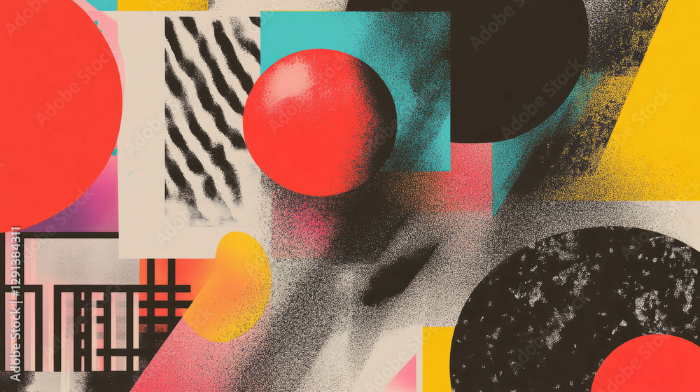 Poster Abstract geometric art with overlapping circles and triangles in vibrant colors