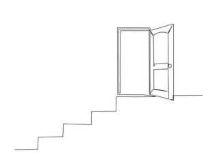 Continuous one line drawing of Opened door with stairs. Opened door with stairs - hope, suscess symbol in single line draw illustration. Editable stroke.