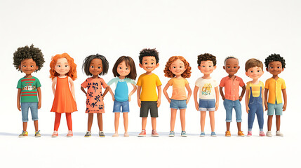 Obraz premium A group of cartoon children, some toddlers, some teenagers, standing in a straight line, facing the camera, bright smiles, diverse ethnicities, 3D style, clean lines, white background, vibrant 