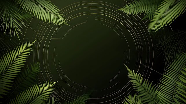 Lush green palm leaves surround a series of golden concentric circles - Powered by Adobe