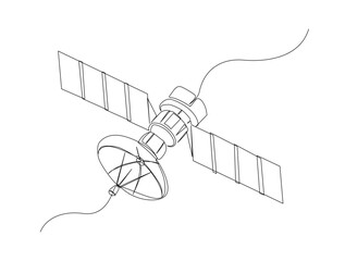 Continuous one line drawing of Satellite in the outer space. satellite communications orbit in single line draw illustration. Editable stroke. © Satria