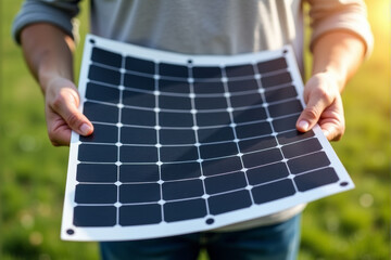 A person holding a flexible, next-generation solar panel sheet