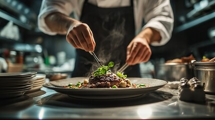 A chef preparing a luxurious meal in a restaurant kitchen, focusing on taste, texture, and presentation.