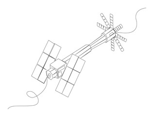 Continuous one line drawing of Satellite in the outer space. satellite communications orbit in single line draw illustration. Editable stroke.