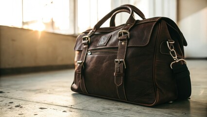 Dark brown leather bag with metal clasps and a soft diffused light, fashion item, soft light, natural texture, travel