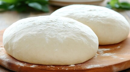 Two pizza dough balls on wooden board, kitchen background. Food recipe website
