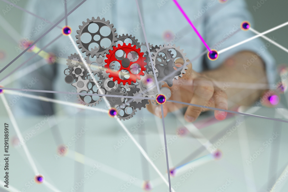 Poster gear system data. Connecting lines and dots.Big data visualization  - 3d
