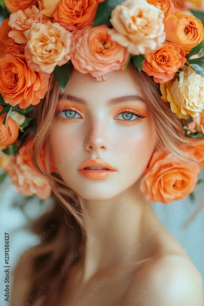 Poster Beautiful model wearing orange flowers crown and matching makeup