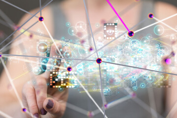 Neural network 3D illustration. Big data and cybersecurity - 3d