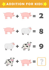 Fun Math Logic Puzzles for Kids. Math Game with Cute Farm Animals Pictures. Math Activities for Children. Addition for Kids.