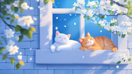 Cats and Cherry Blossoms by the Window

