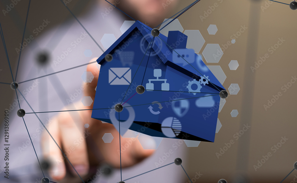 Aufkleber home iot - neural network 3d illustration. big data and cybersecurity