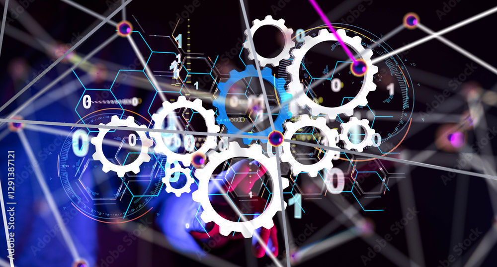 Poster Neural network 3D illustration. Big data and cybersecurity - 3d