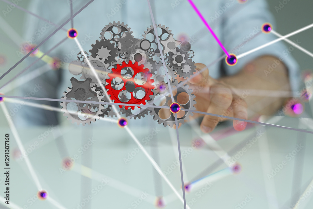 Poster gear system data. Connecting lines and dots.Big data visualization  - 3d
