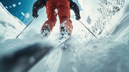 A skiers poles cutting through the snow during a high-speed descent on a mountain.