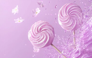 Flying Lavender Candy with Floral Essence Splashes on Soft Purple Background