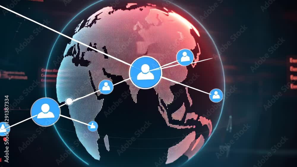 Poster globe representation with data connections highlighting global networking and processing activities,