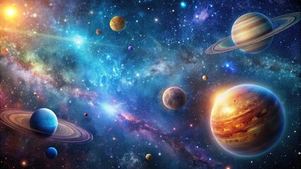 Deep space galaxy background with stars and planets, cosmology, celestial, cosmic, astrophysics, nebulae