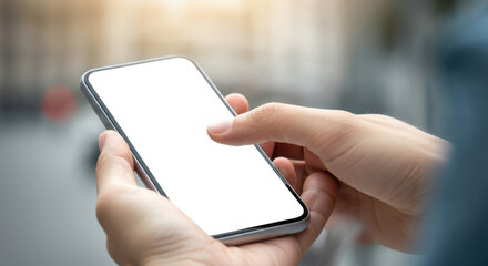 Person using a smartphone with a blank screen for mockup presentation